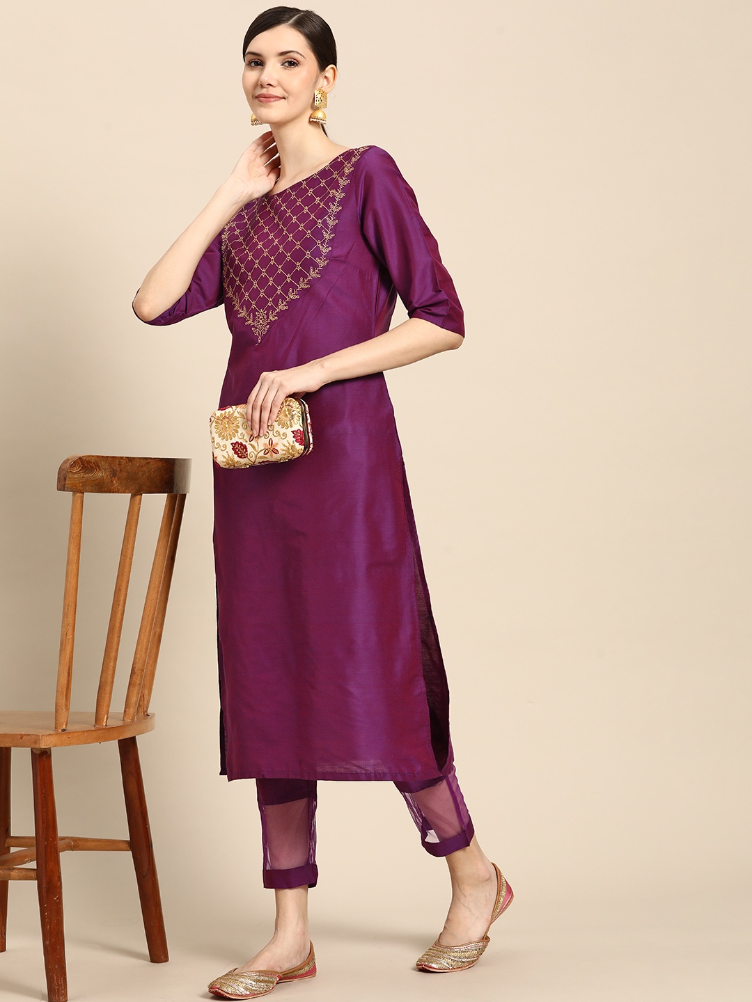 

Sangria Women Purple Yoke Design Kurta with Trousers