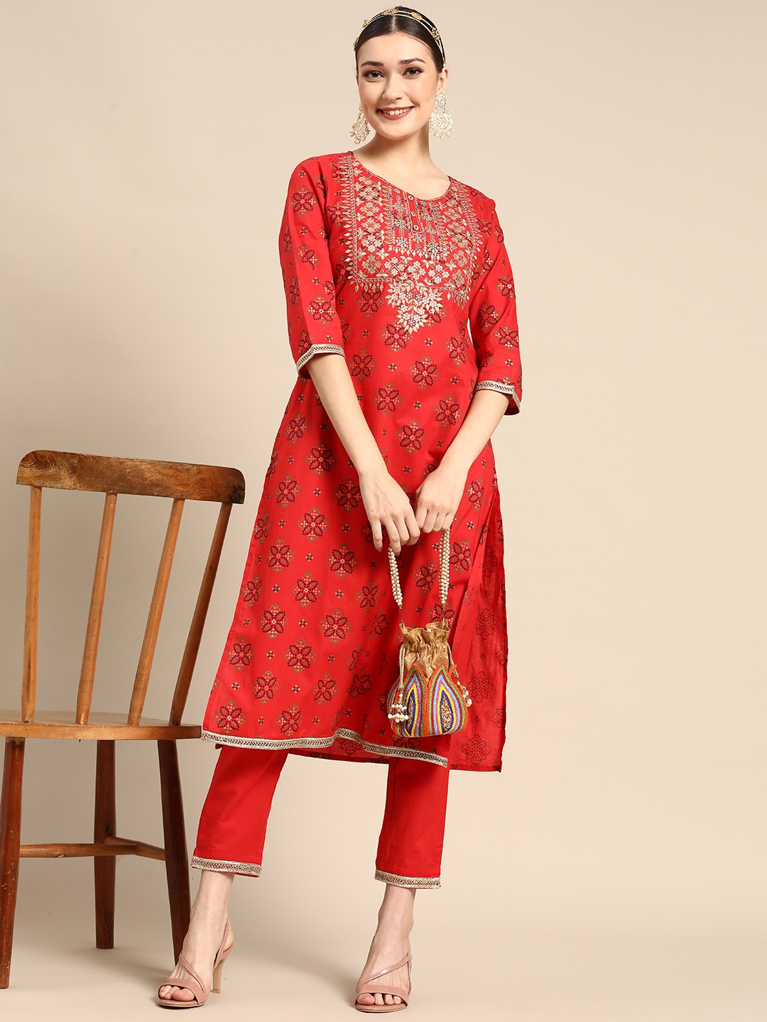 

Sangria Women Red Ethnic Motifs Printed Pure Cotton Zari Embroidered Kurta with Trousers