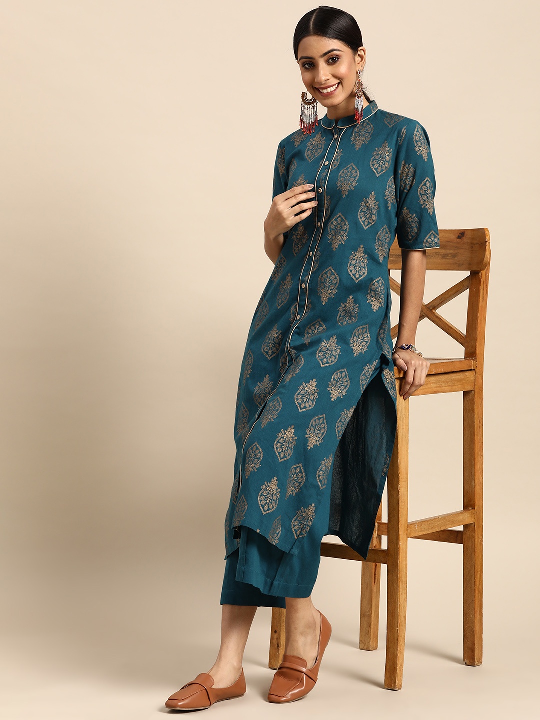 

Sangria Women Teal Blue Ethnic Motifs Printed Pure Cotton Kurta with Palazzos