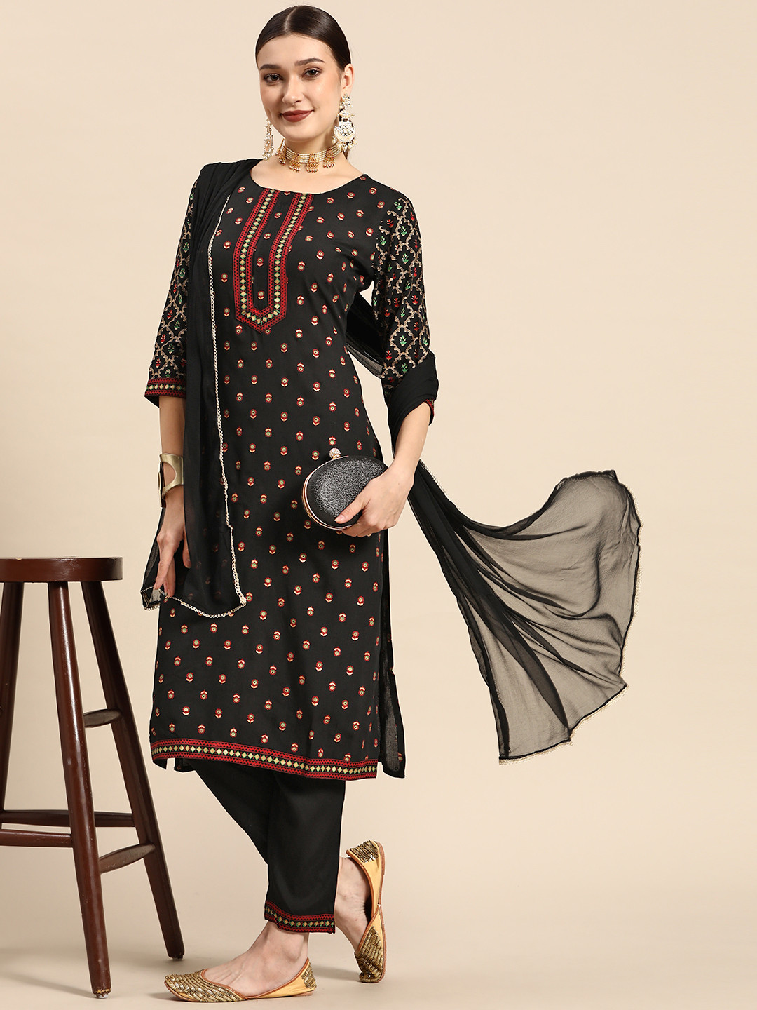 

Sangria Women Black & Golden Ethnic Motifs Printed Kurta with Trousers & Dupatta