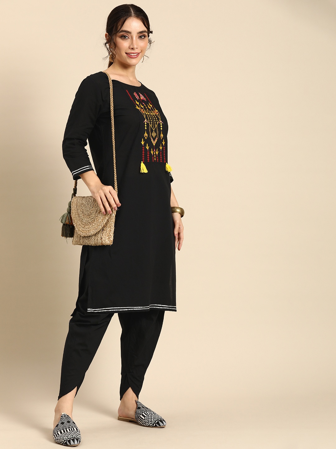 

Sangria Women Black Ethnic Motifs Embroidered Pure Cotton Kurta with Dhoti Pants