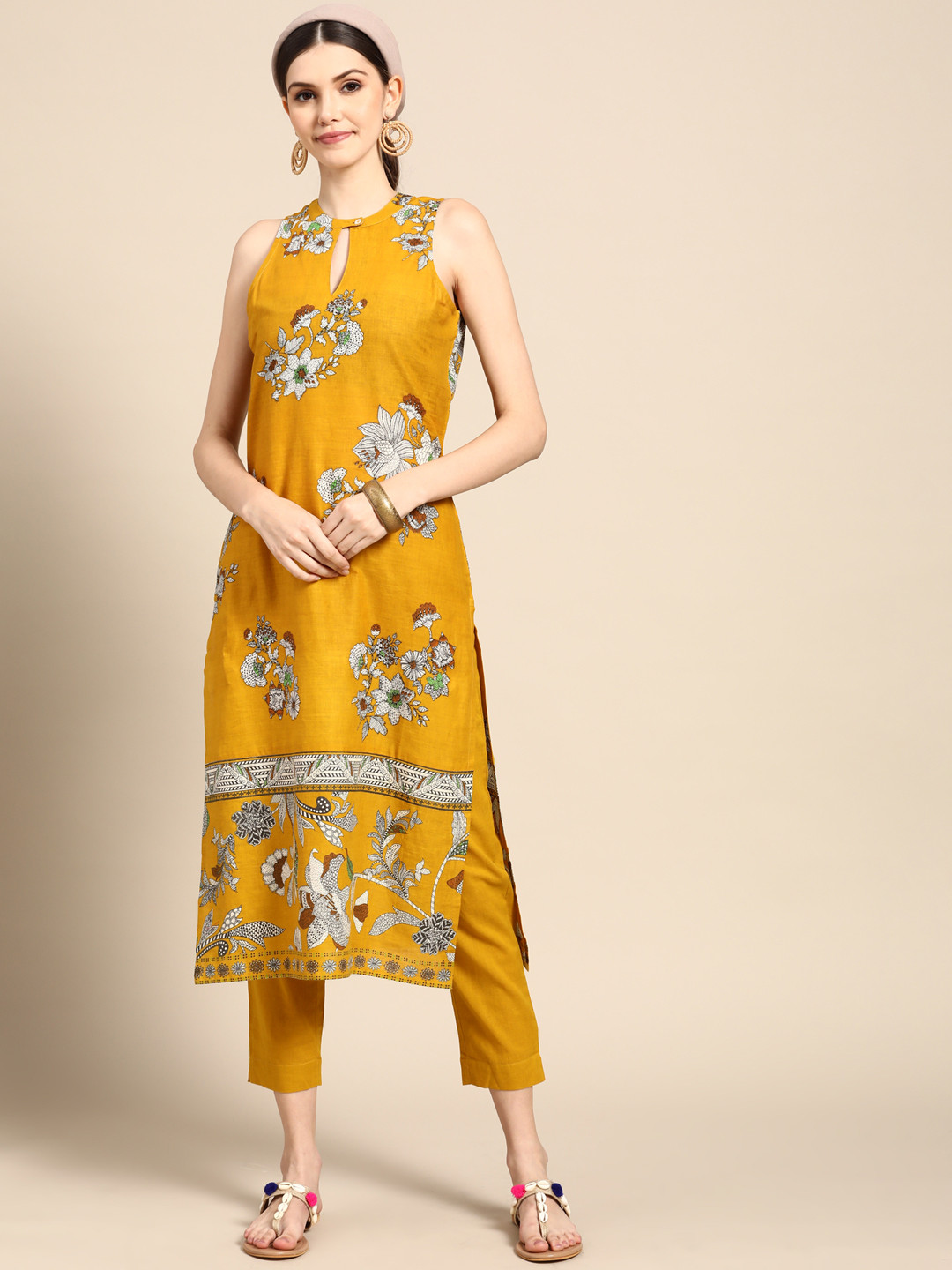 

Sangria Women Mustard Yellow Ethnic Motifs Printed Pure Cotton Kurta with Trousers
