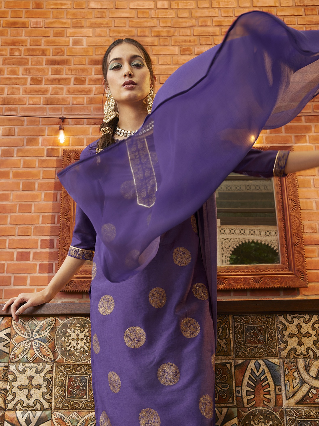 

Sangria Women Purple Ethnic Motifs Kurta with Trousers & With Dupatta