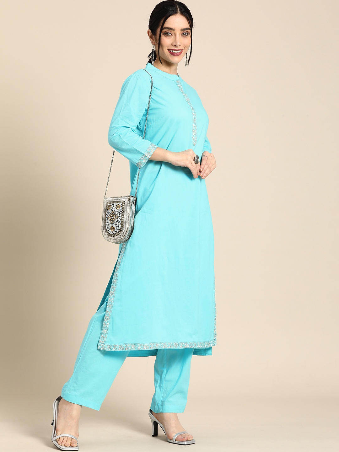 

Sangria Women Blue Pure Cotton Kurta with Trousers