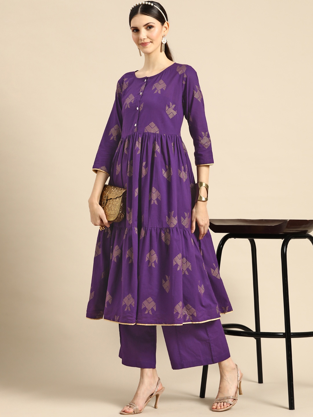 

Sangria Women Purple & Golden Ethnic Motifs Printed Pure Cotton Kurta with Palazzos