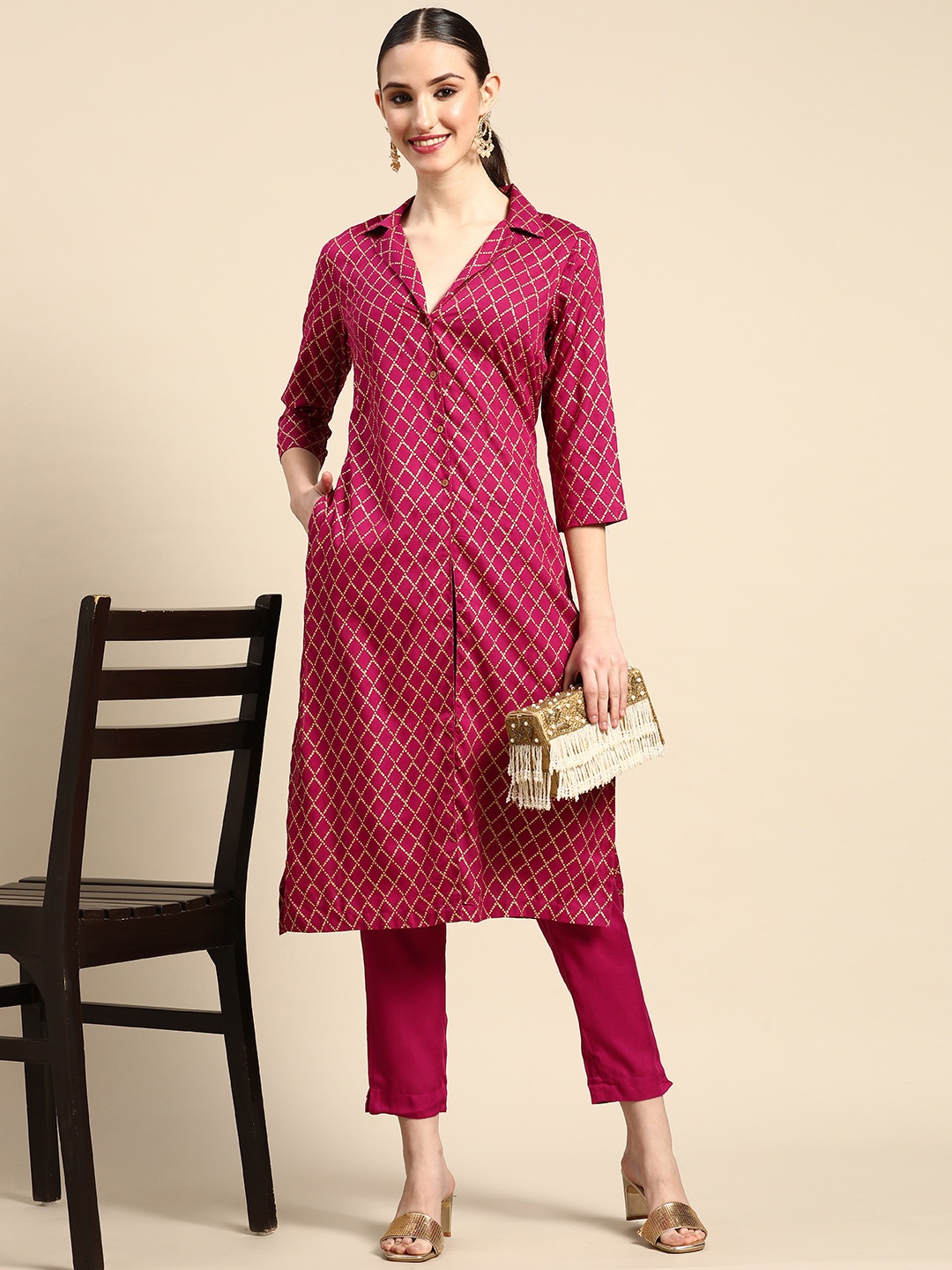

Sangria Women Purple & Golden Printed Pleated Kurta with Trousers