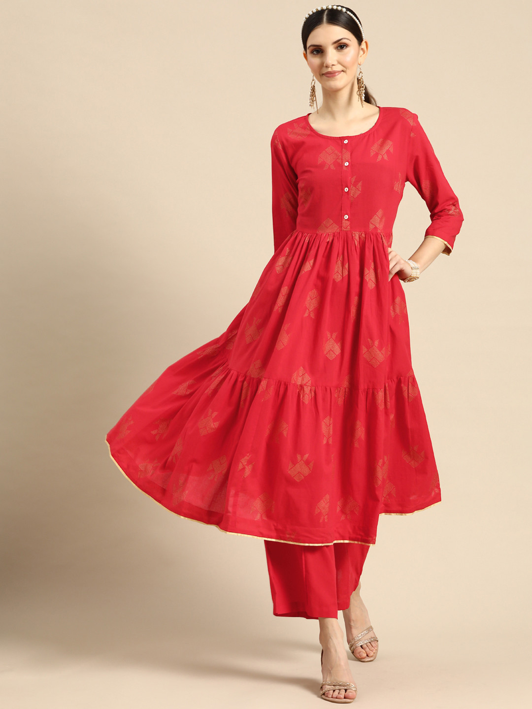 

Sangria Women Red & Golden Ethnic Motifs Printed Pure Cotton Kurta with Palazzos