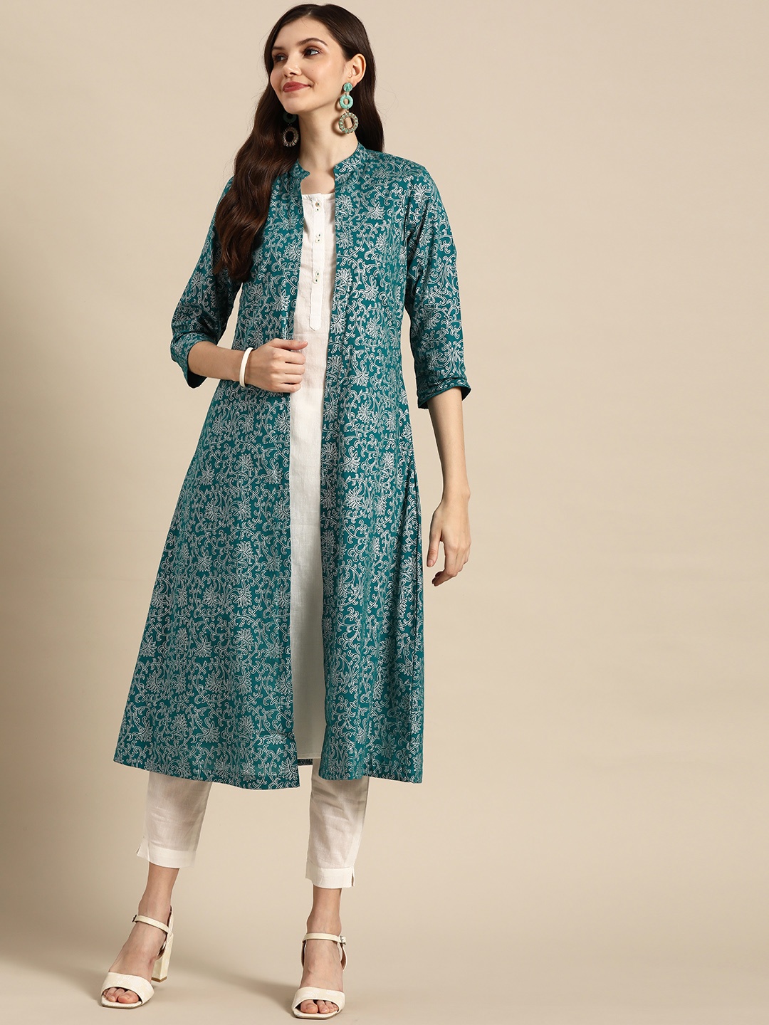 

Sangria Women Teal Blue & White Printed Layered Pure Cotton Kurta with Trousers