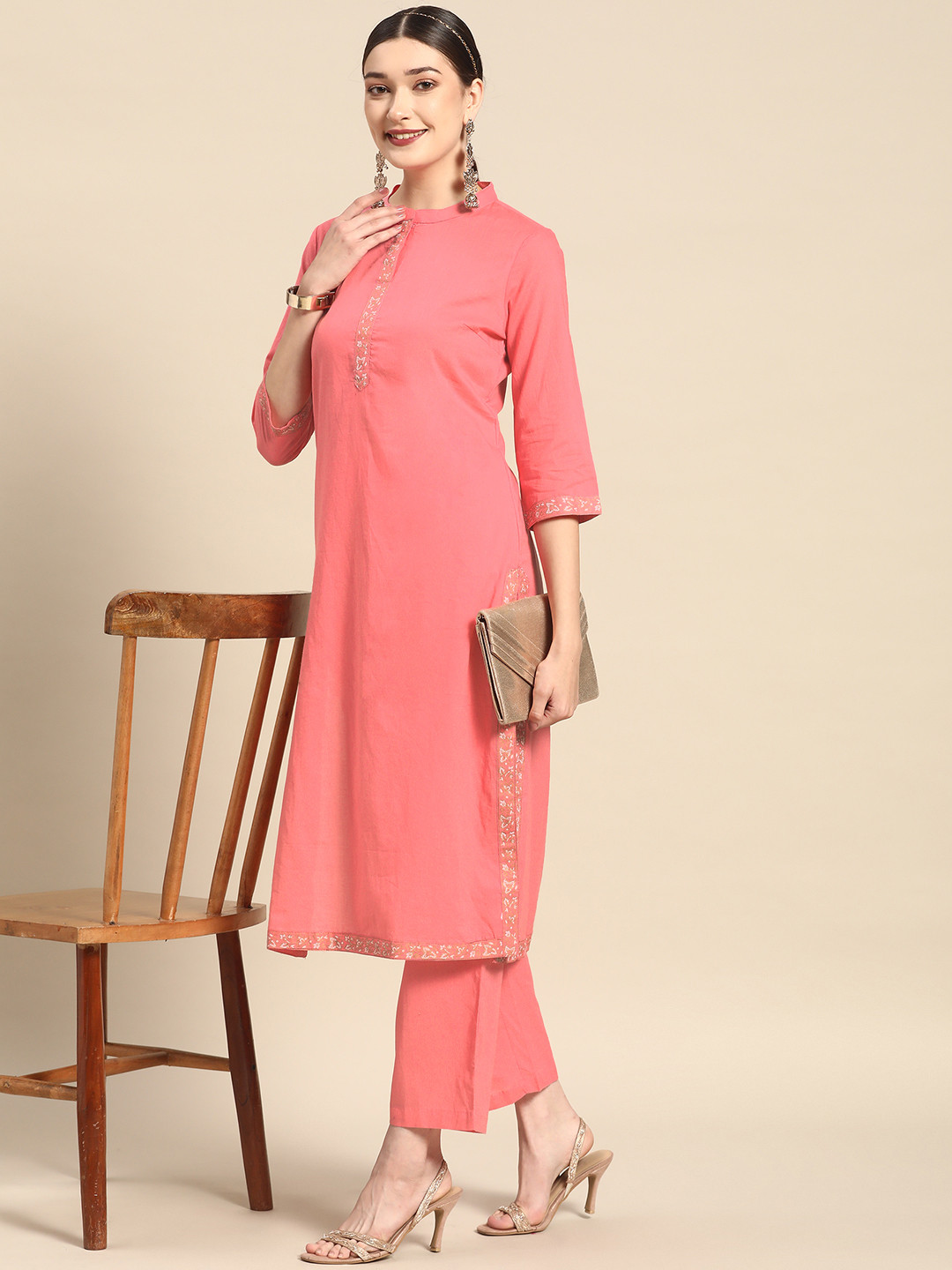 

Sangria Women Pink Solid Pure Cotton Mandarin Collar Kurta with Trousers