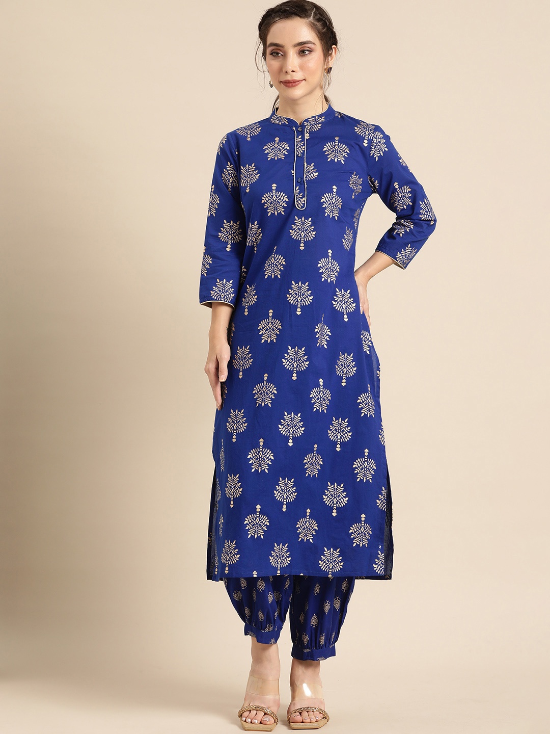 

Sangria Women Blue& Gold-Toned Ethnic Motifs Printed Pure Cotton Kurta with Salwar