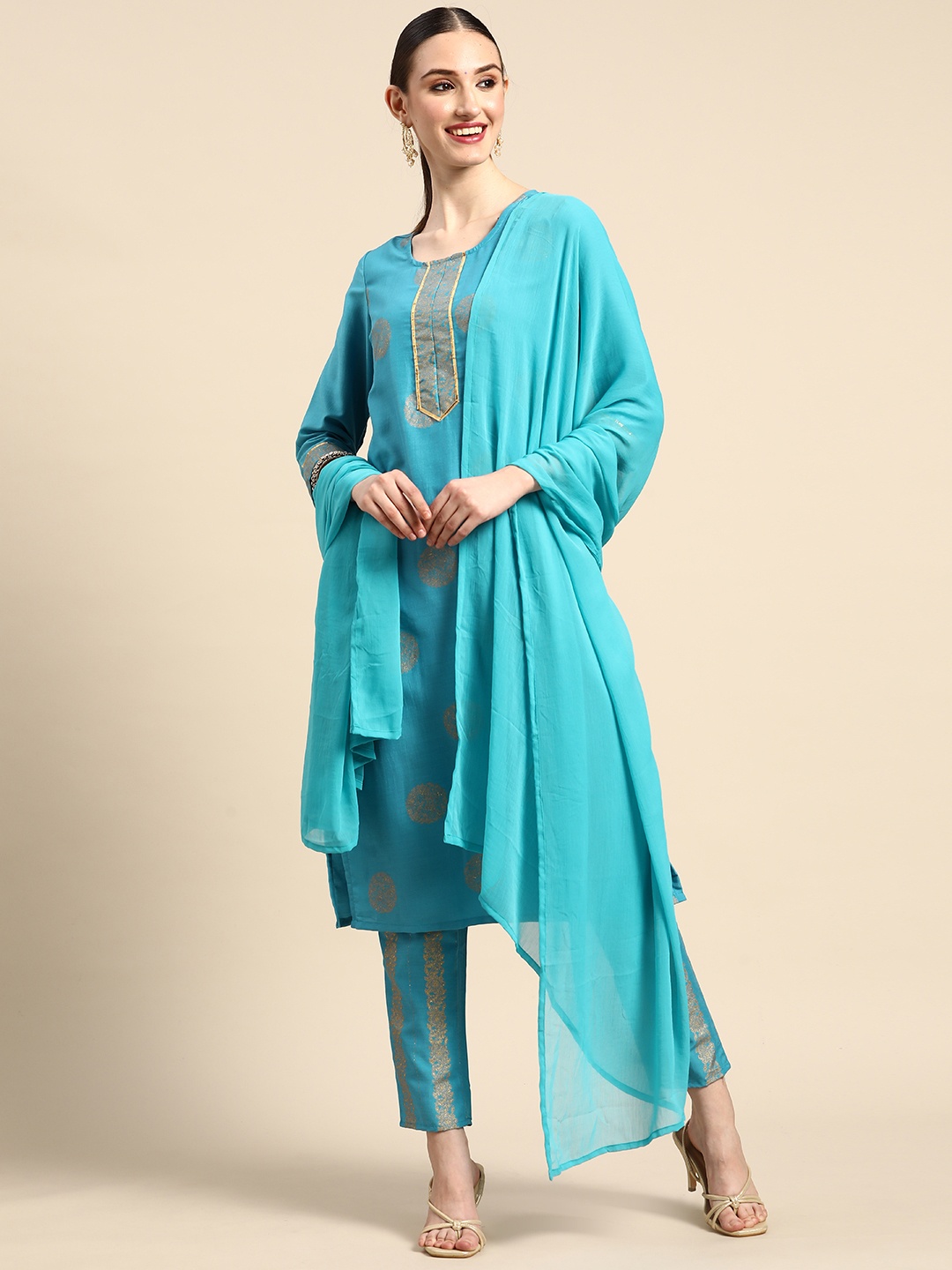 

Sangria Women Blue & Golden Ethnic Motifs Printed Kurta with Trousers & With Dupatta