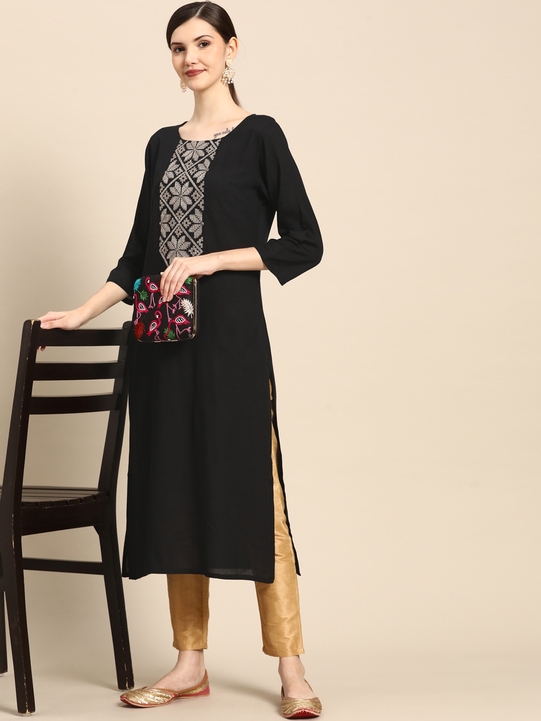 

Sangria Women Black Ethnic Motifs Yoke Design Kurta