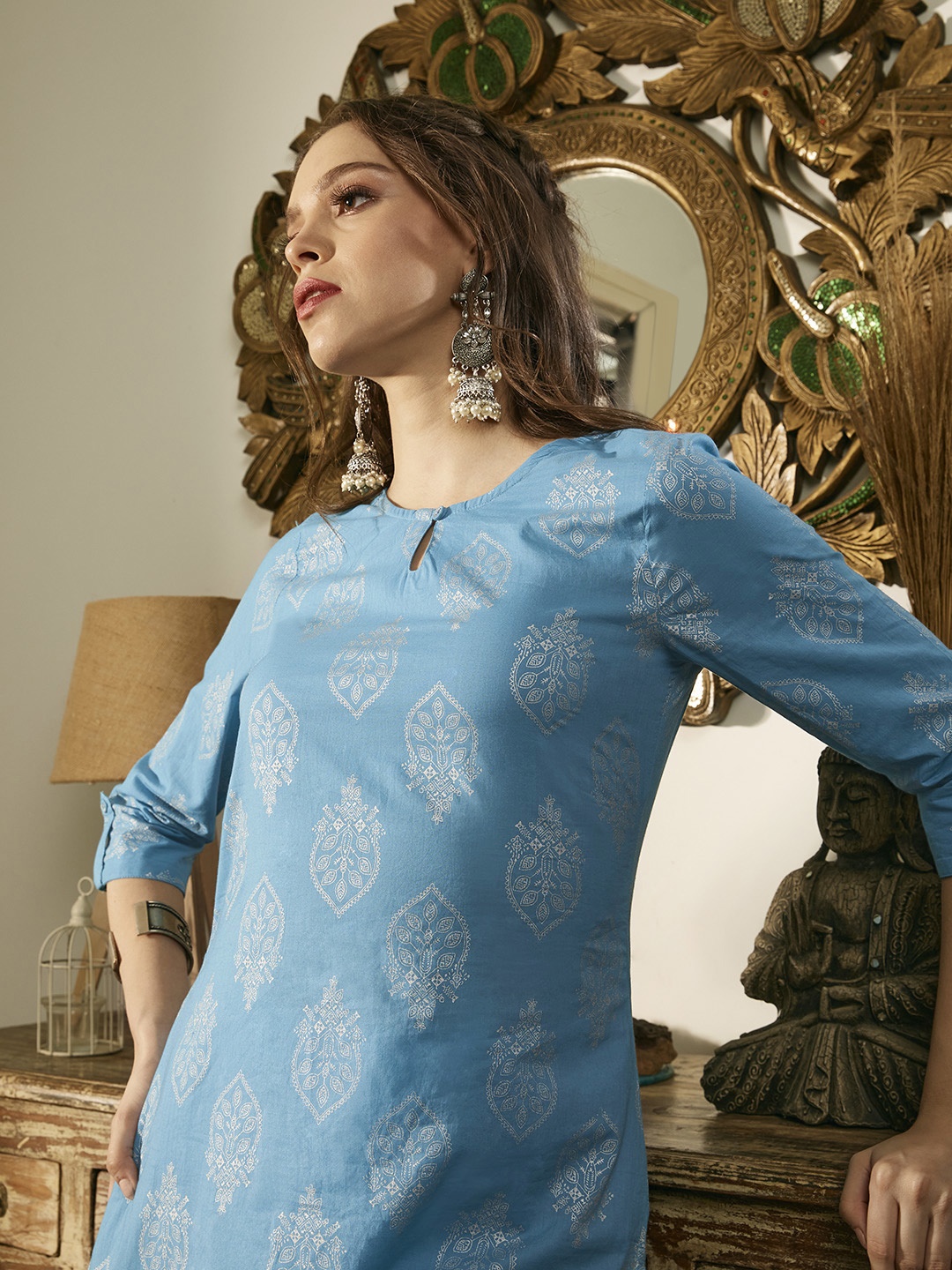 

Sangria Women Blue & Silver Ethnic Motifs Printed Pure Cotton Kurta