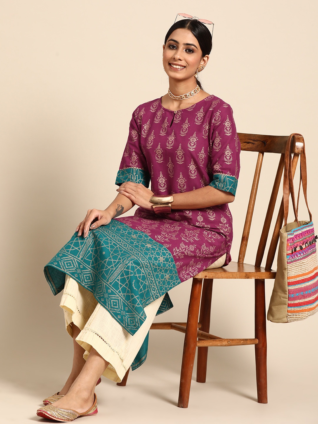 

Sangria Women Purple & Green Pure Cotton Ethnic Motifs Printed Kurta