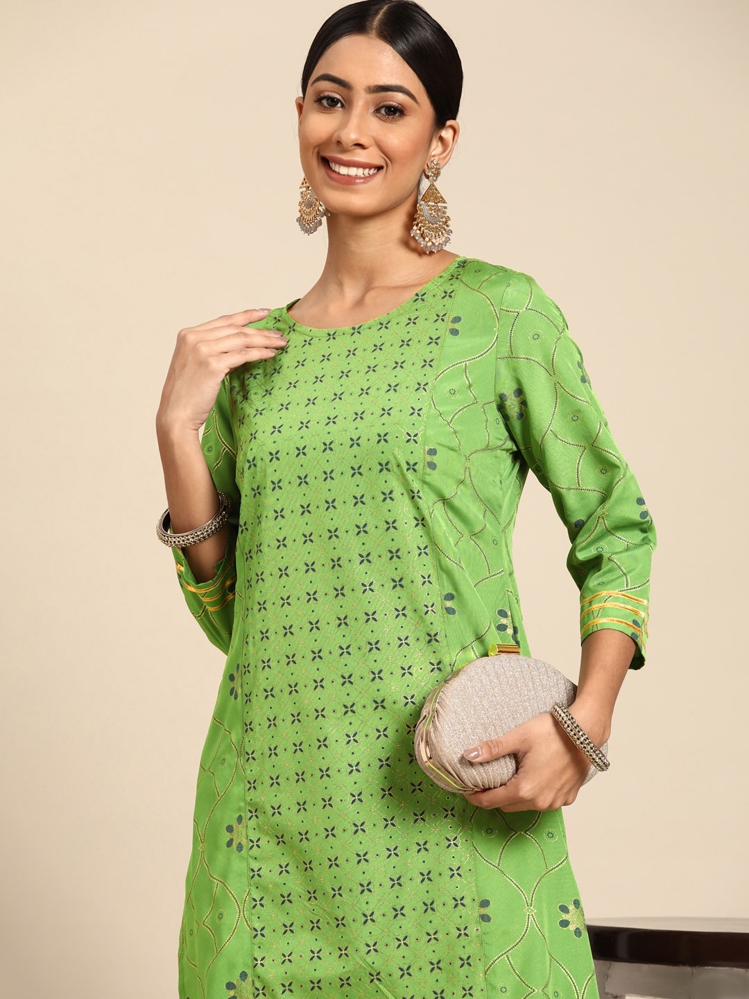 

Sangria Women Green & Golden Ethnic Motifs Print Gotta Patti Kurta