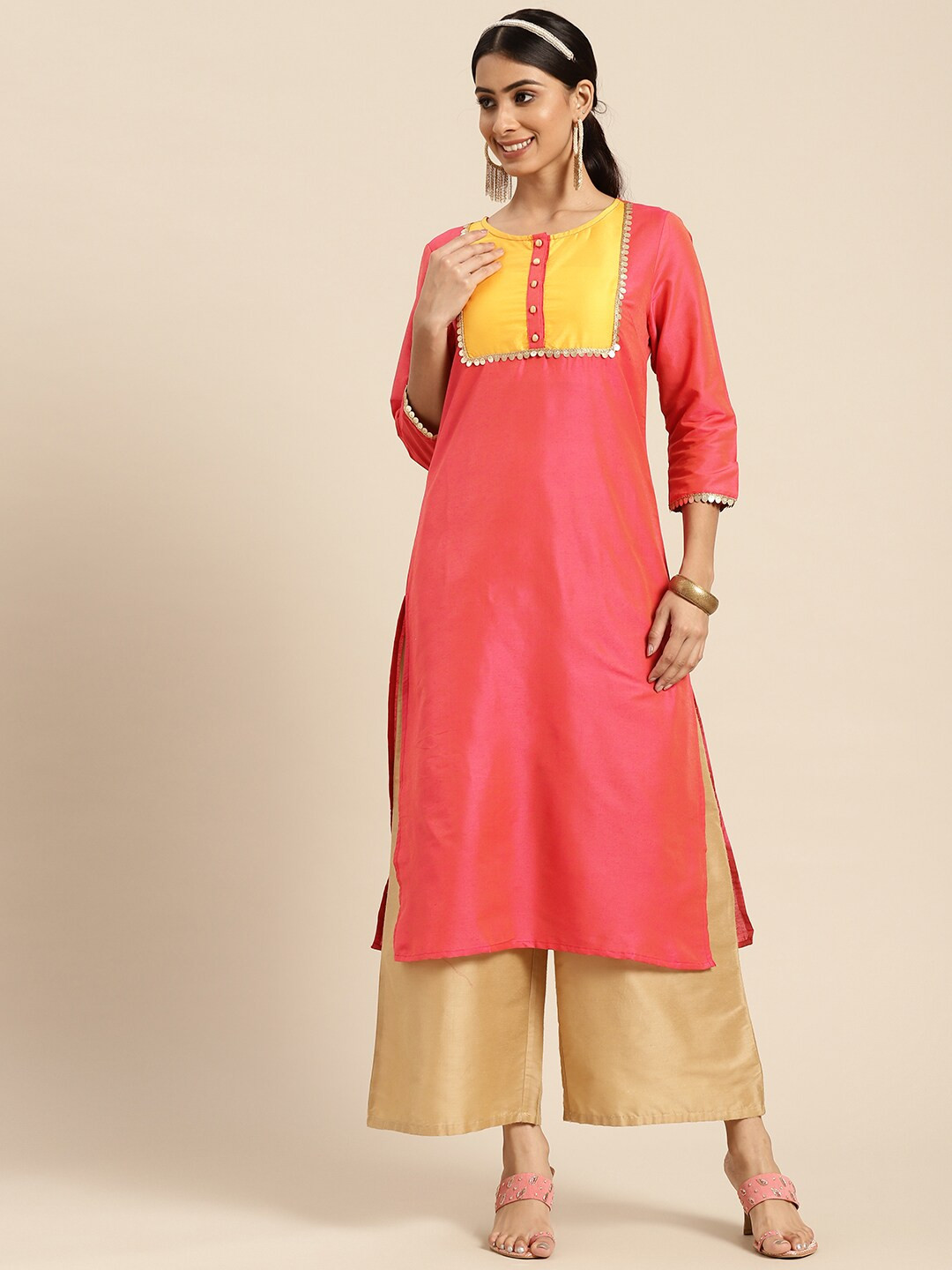 

Sangria Women Pink & Yellow Yoke Design Gotta Patti Kurta
