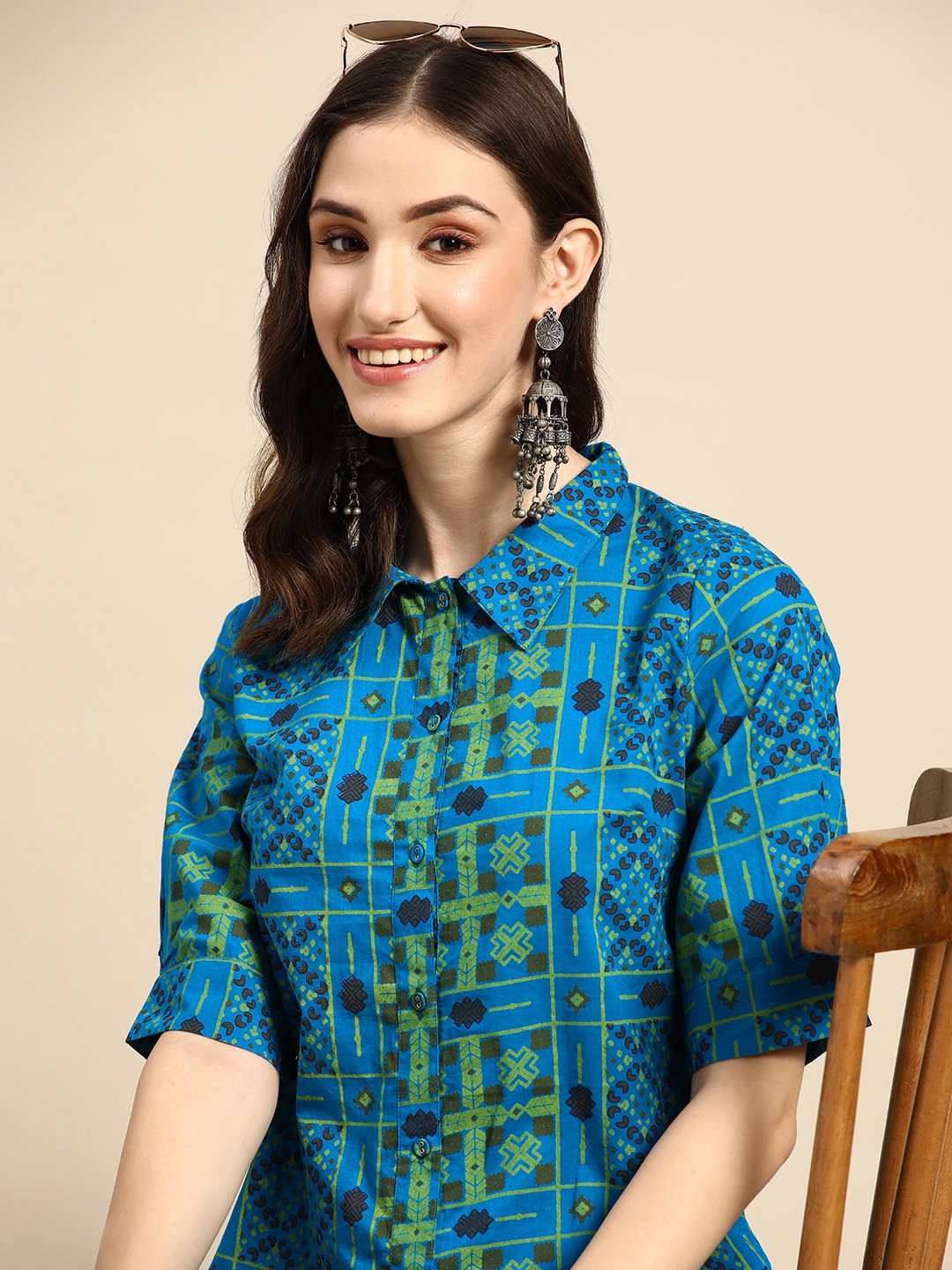 

Sangria Women Blue & Green Pure Cotton Ethnic Motifs Printed Kurta