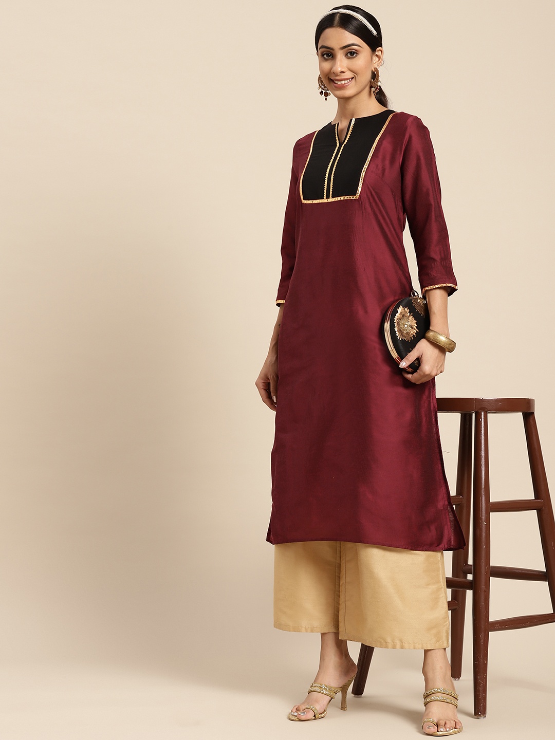 

Sangria Women Maroon & Black Yoke Design Gotta Patti Kurta