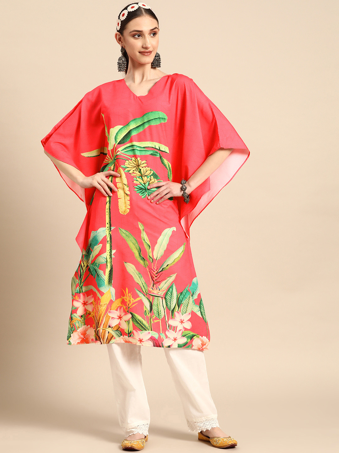

Sangria Women Floral Printed Kimono Sleeves Kaftan Kurta, Fuchsia