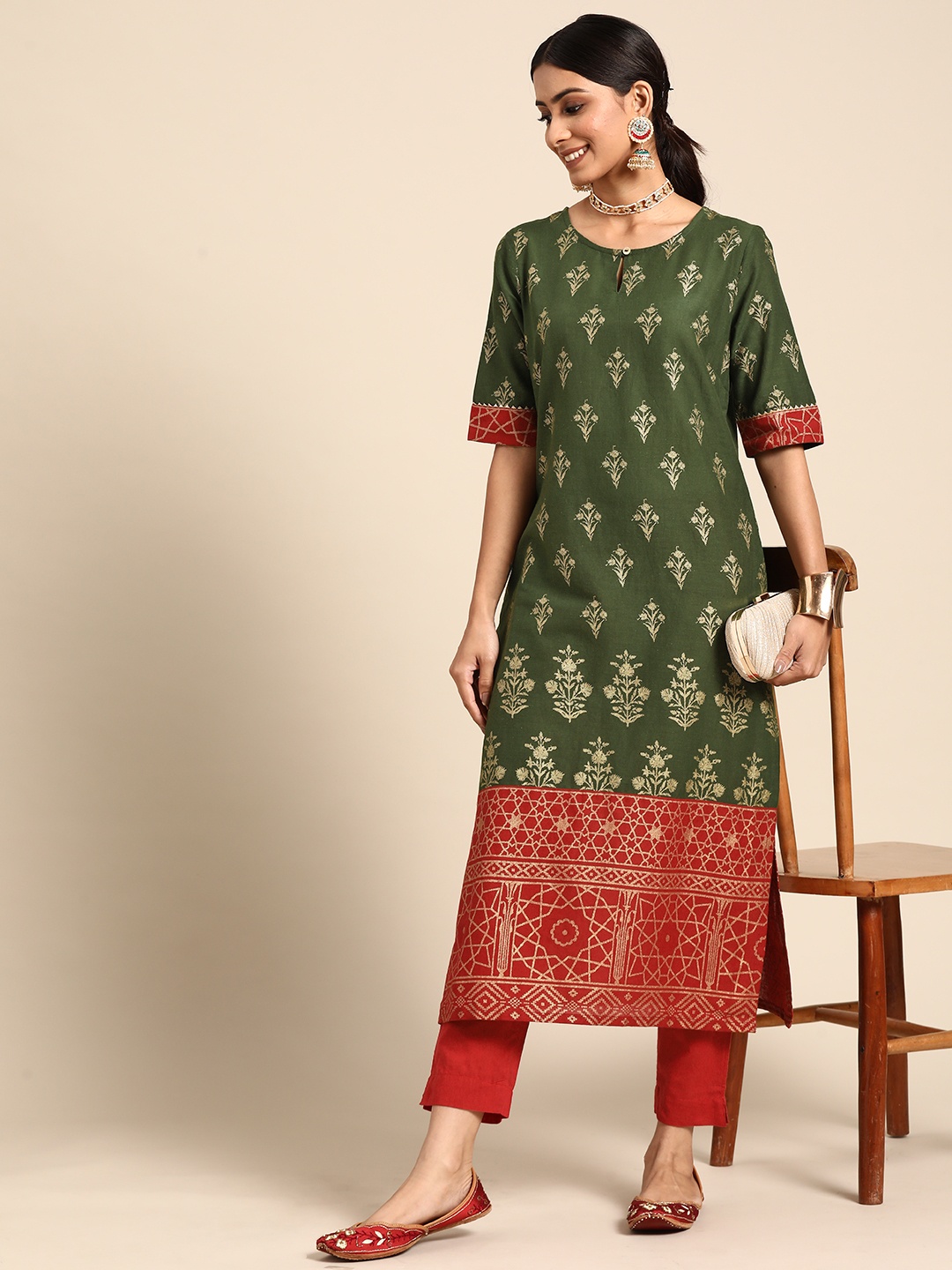 

Sangria Women Green & Golden Pure Cotton Ethnic Motifs Printed Kurta