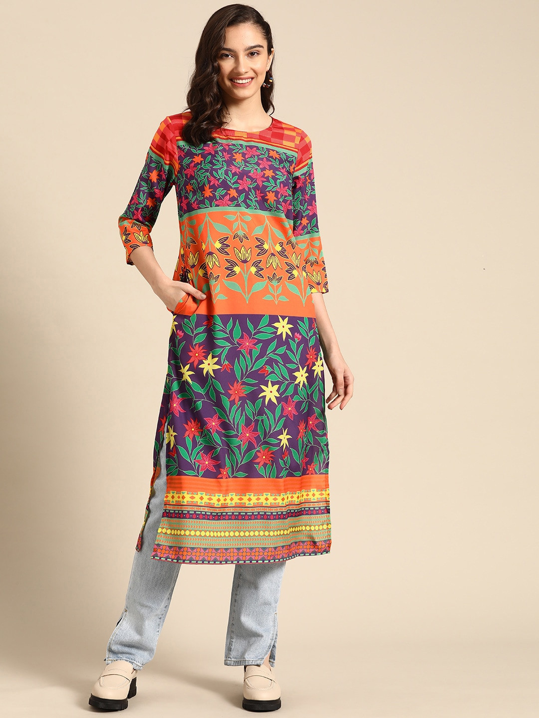 

Sangria Women Orange & Purple Ethnic Motifs Printed Floral Kurta