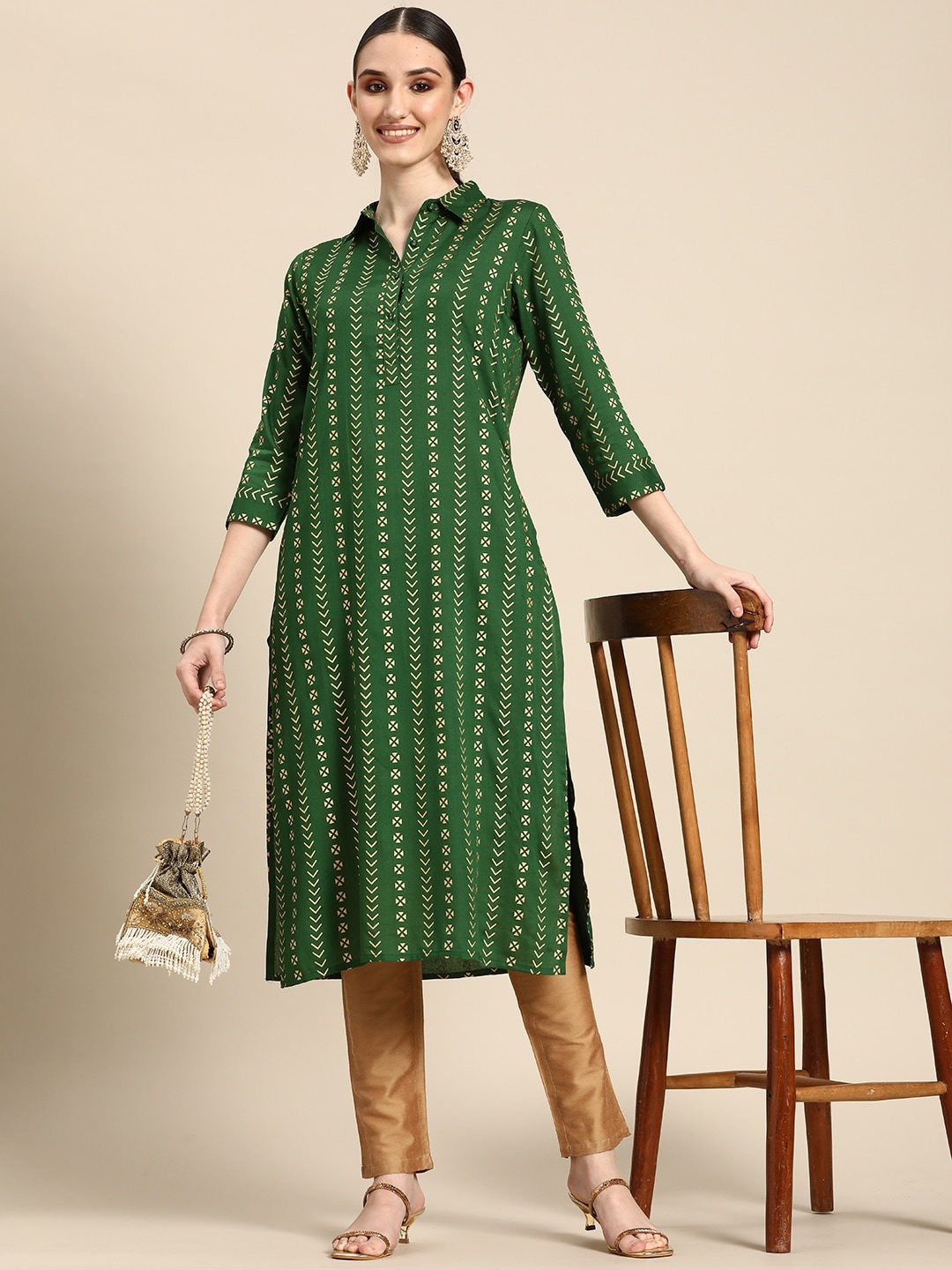 

Sangria Women Geometric Printed Kurta, Green