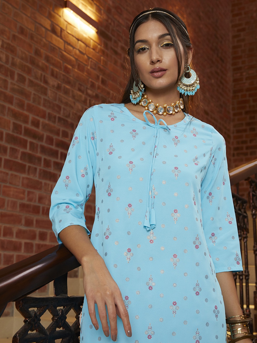 

Sangria Women Blue & Golden Ethnic Motifs Printed Gotta Patti Kurta