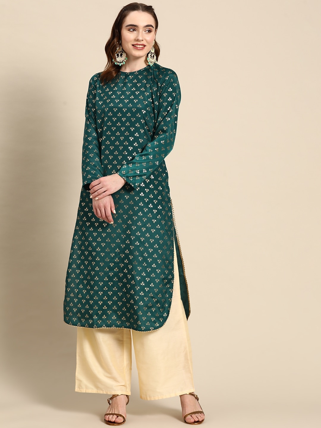 

Sangria Ethnic Motifs Printed Gotta Patti Detail Straight Kurta, Green