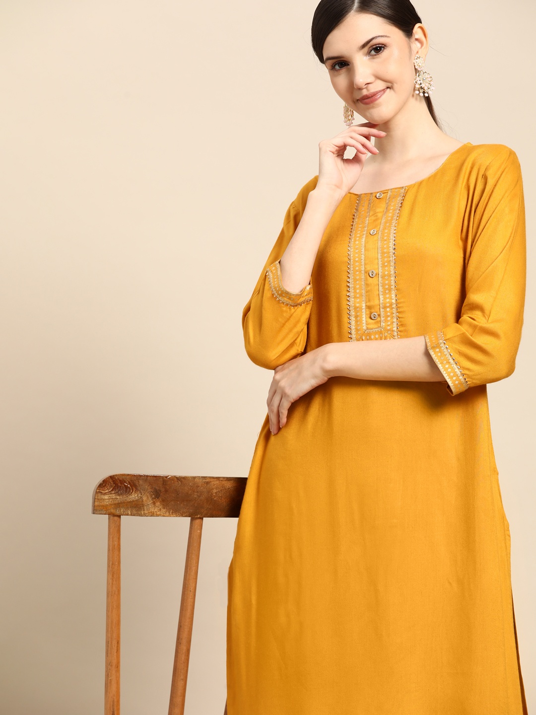 

Sangria Women Mustard Yellow Ethnic Motifs Yoke Design Thread Work Kurta