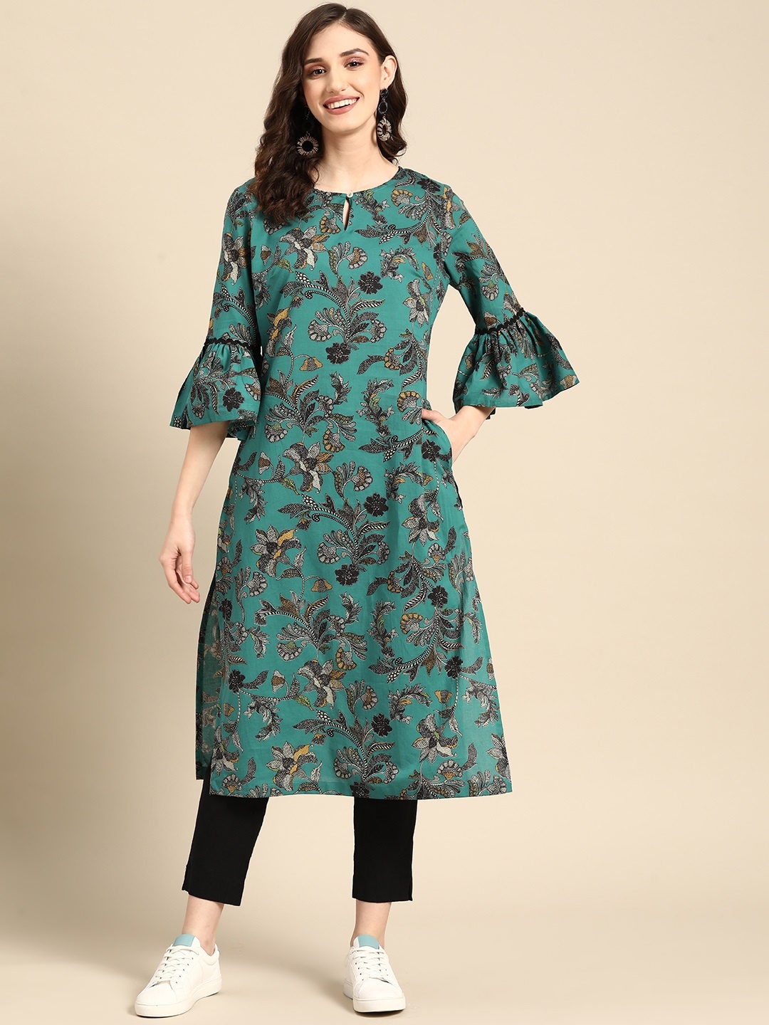 

Sangria Women Green & Black Pure Cotton Ethnic Motif Printed Bell Sleeves Kurta