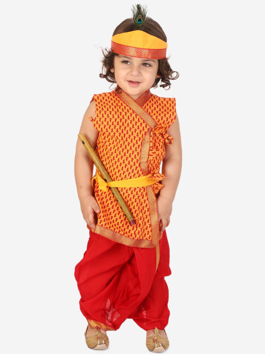 

KID1 Boys Yellow Ethnic Motifs Printed Angrakha Pure Cotton Krishna Set