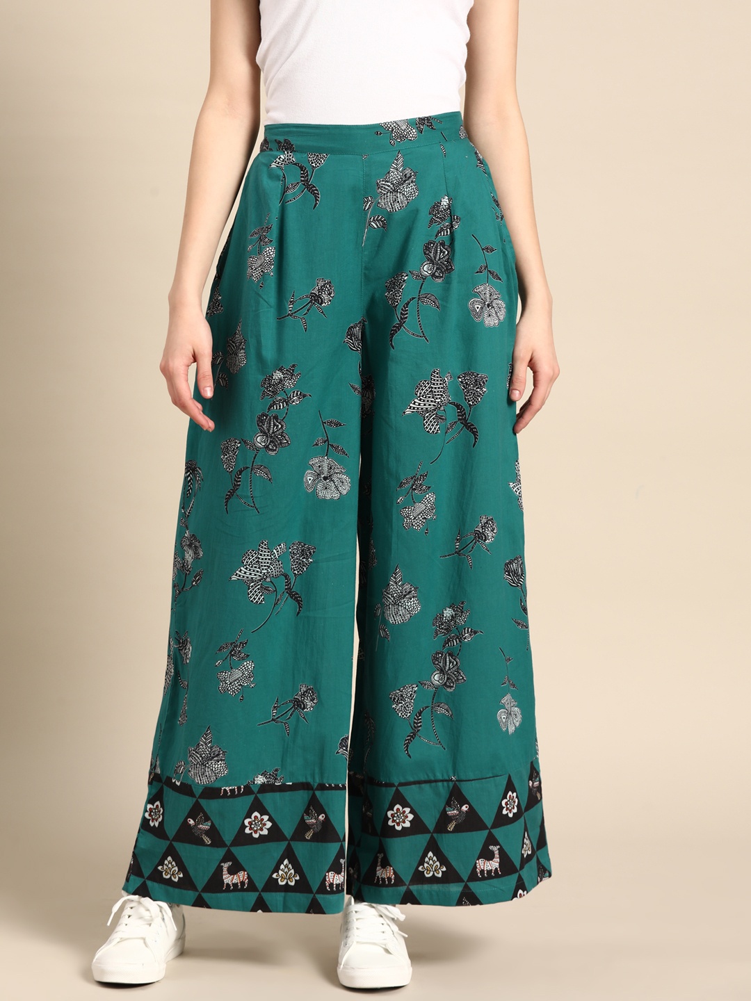 

Sangria Women Floral Printed Cotton Palazzos, Green