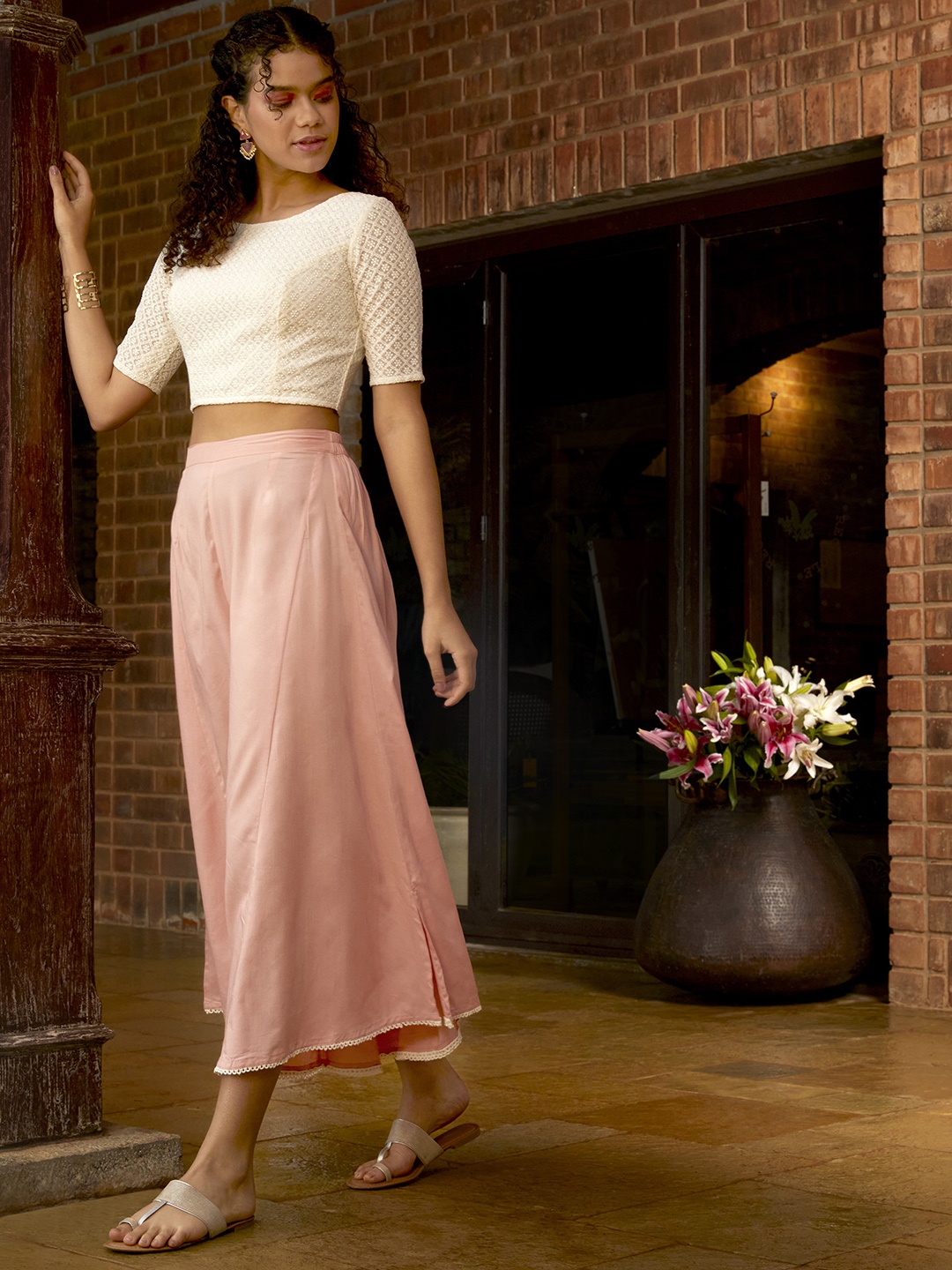 

Sangria Women Peach-Coloured Solid Flared Cropped Palazzos