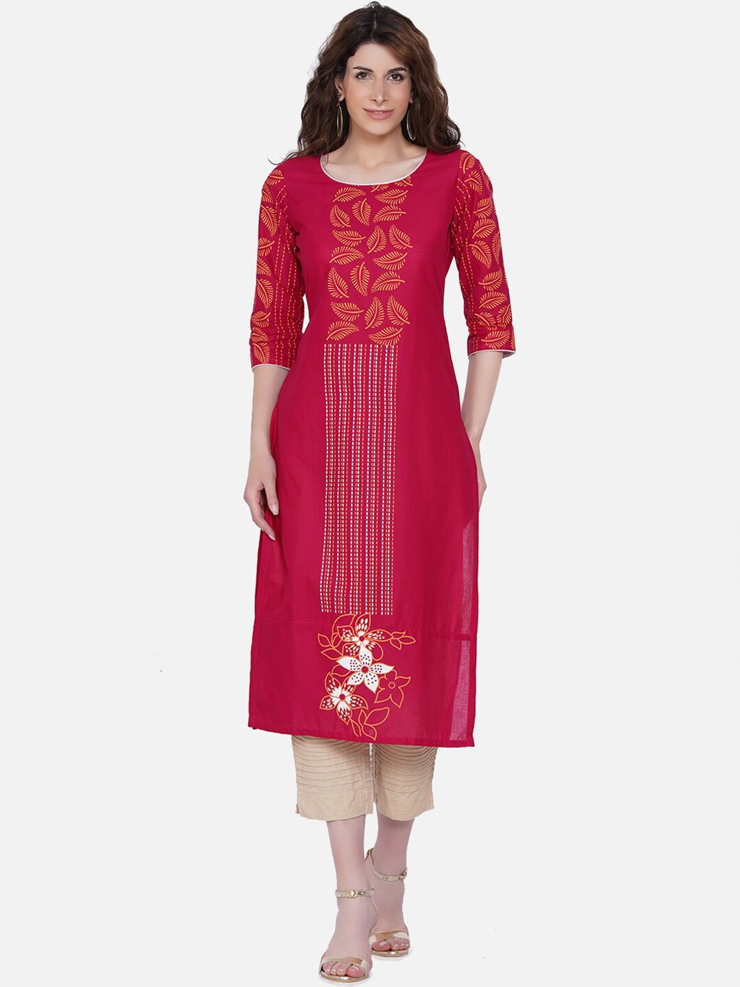 

Akshatani Women Magenta Ethnic Motifs Embroidered Block Print Kurta