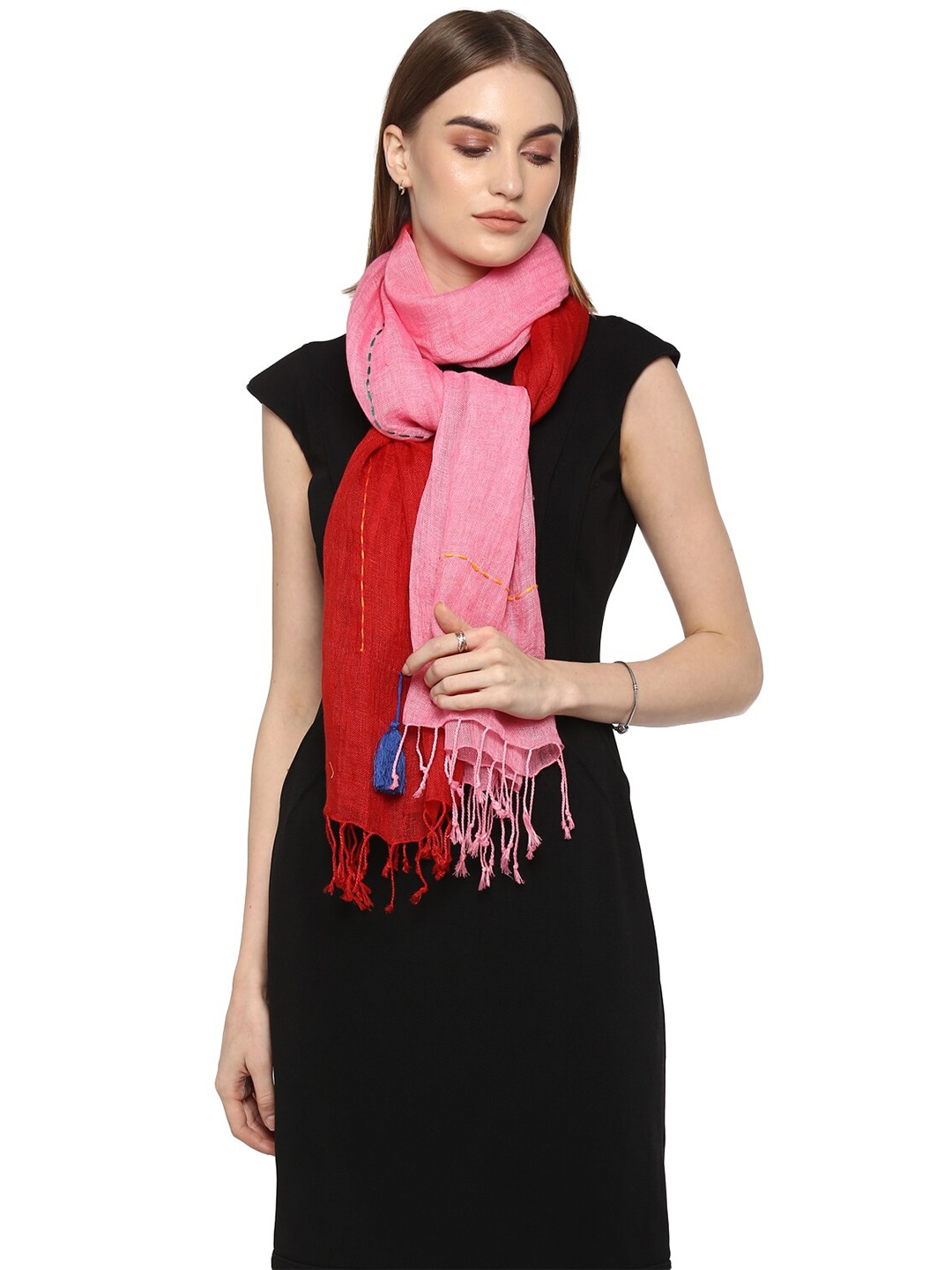 

Rhe-Ana Women Red & Pink Colourblocked Linen Stole