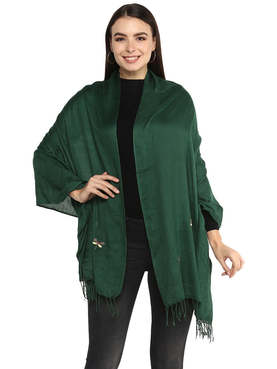 

Rhe-Ana Women Green & Gold-Toned Stole With Tasselled Border