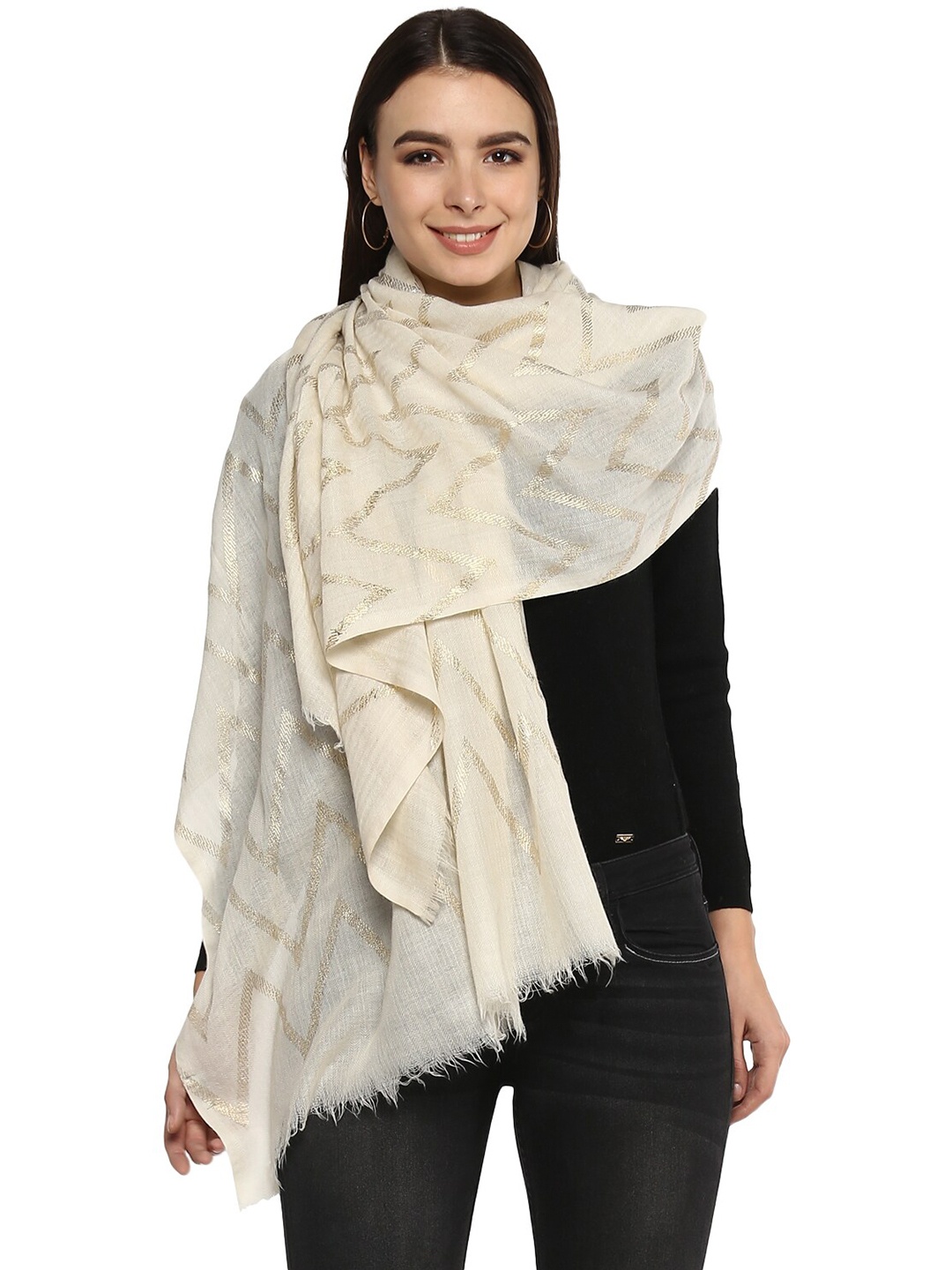 

Rhe-Ana Women Off White & Silver-Toned Woven Woolen Design Stole