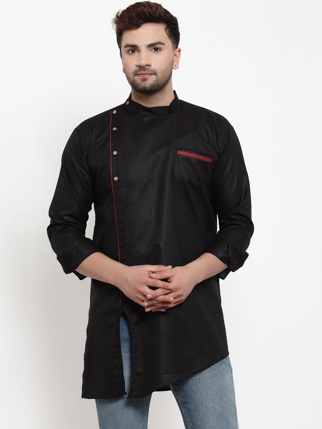 

Benstoke Men Black Flared Sleeves Thread Work Pathani Kurta