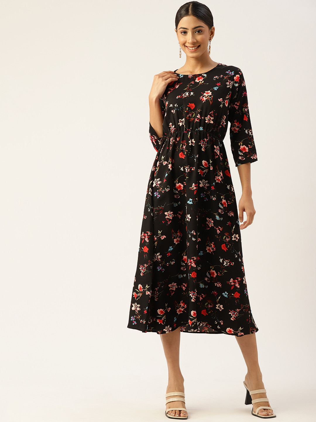 

Kushi Flyer Black Floral Crepe Formal Midi Dress
