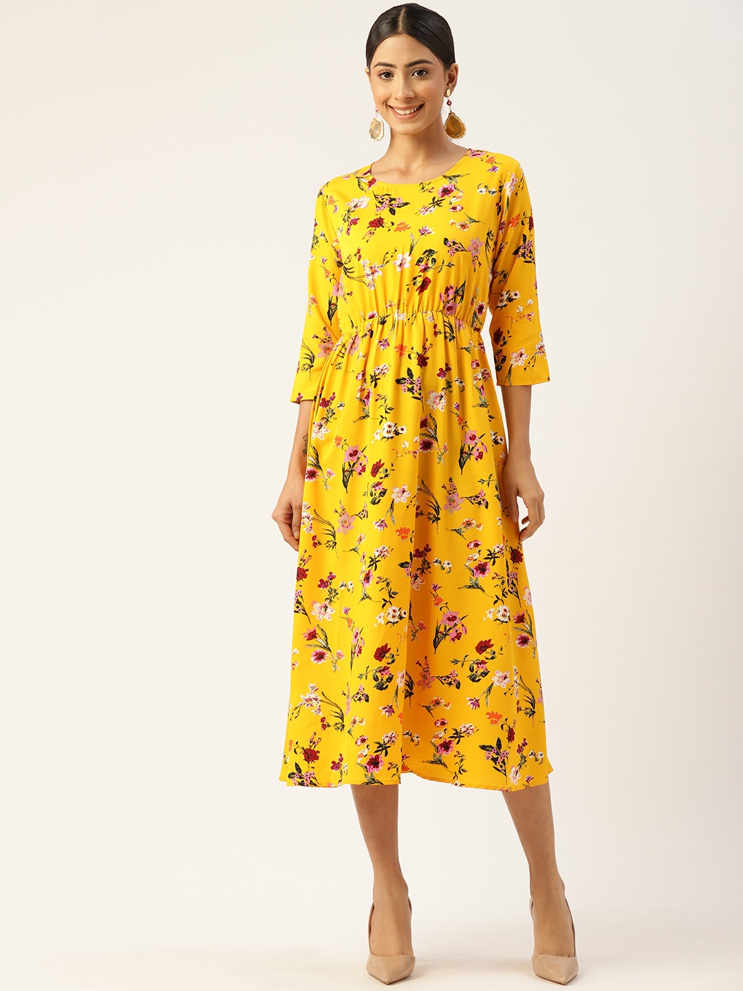 

Kushi Flyer Yellow Floral Crepe Midi Dress