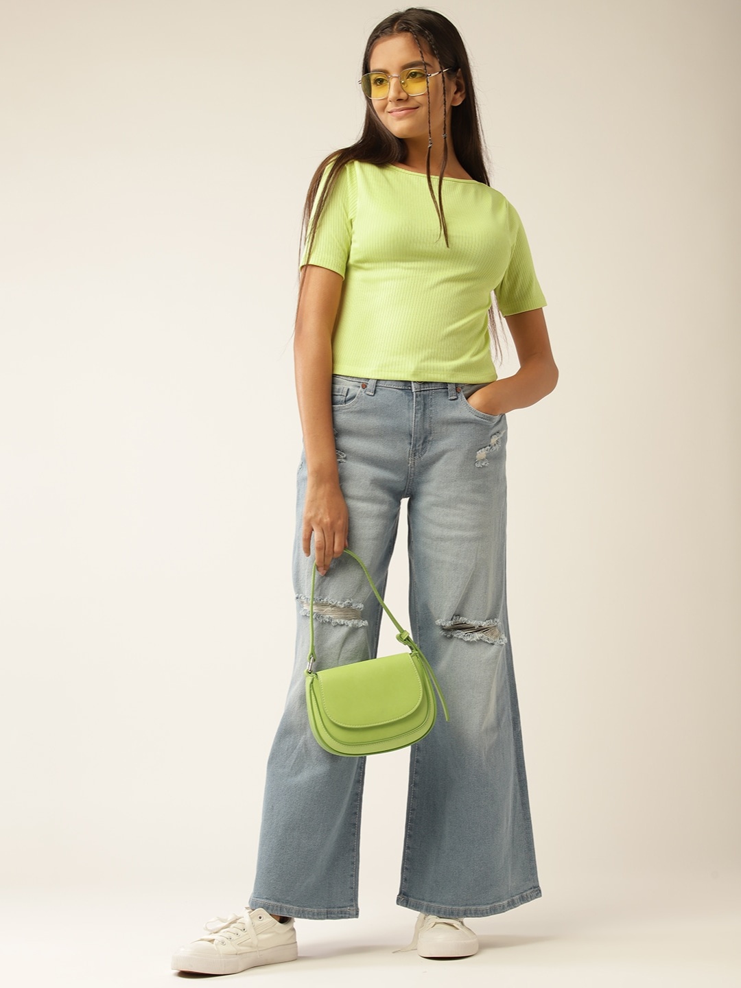 

DressBerry Teen Girls Neon Green Self- Striped Top, Fluorescent green