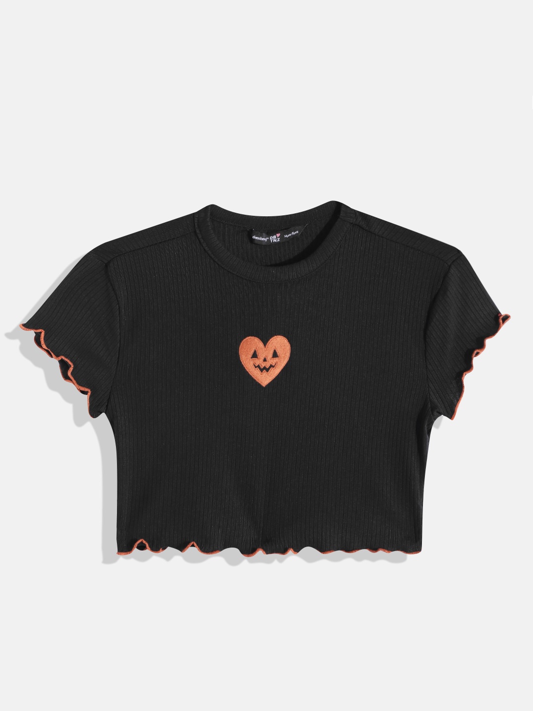 

DressBerry Teen Girls Black Embroidered Detail Ribbed Crop Fitted Top