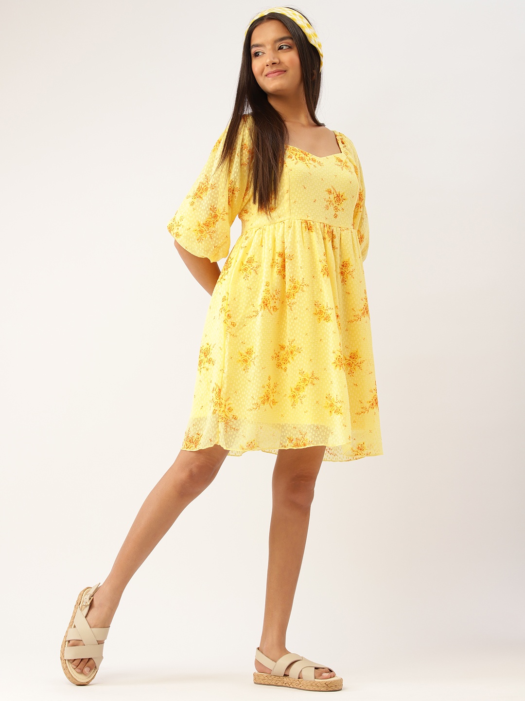 

DressBerry Floral Print Puff Sleeves Fit & Flare Dress with Dooby Weave, Yellow