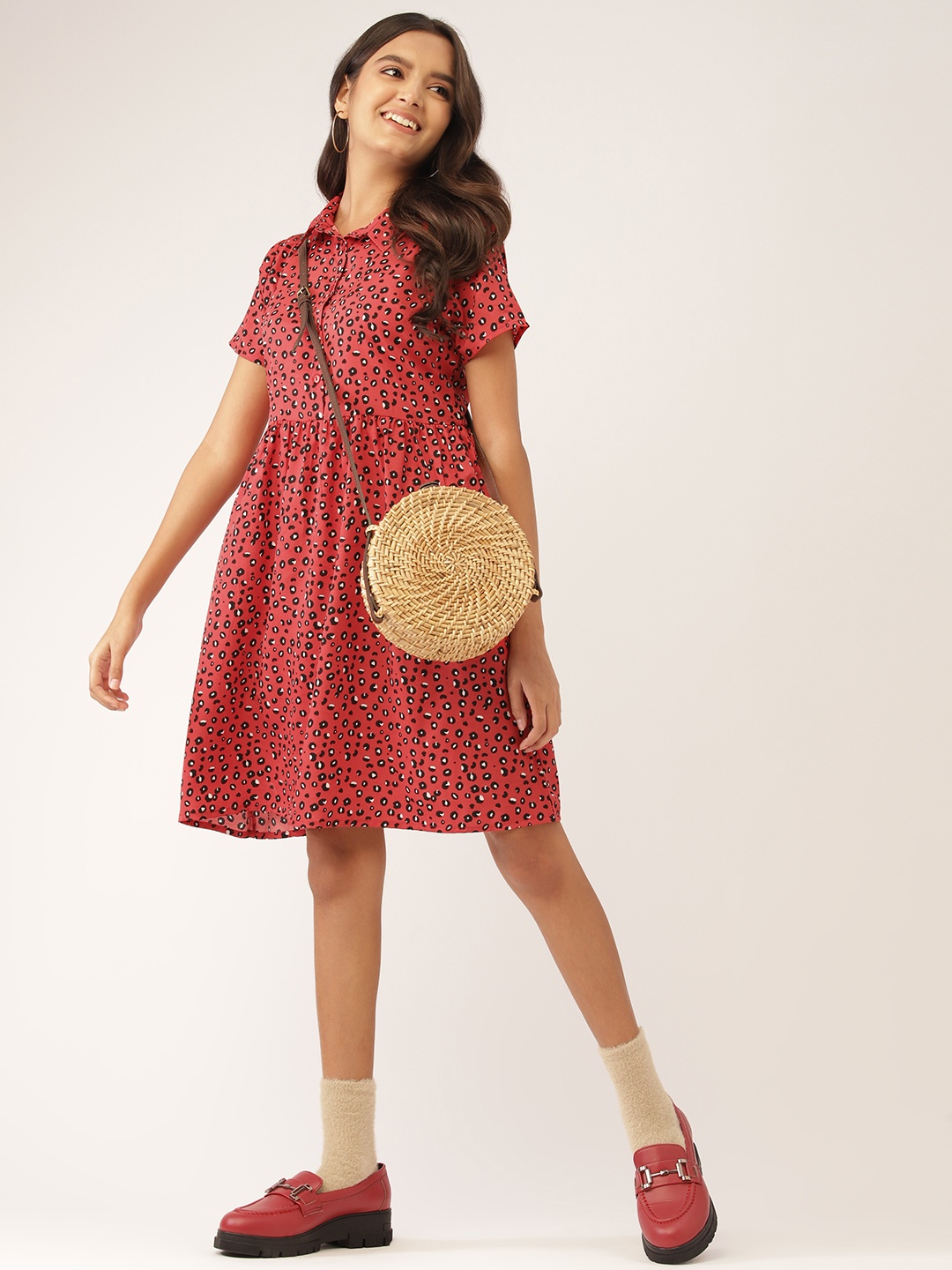 

DressBerry Girls Red & Black Animal Print Fit & Flare Knee Length Dress