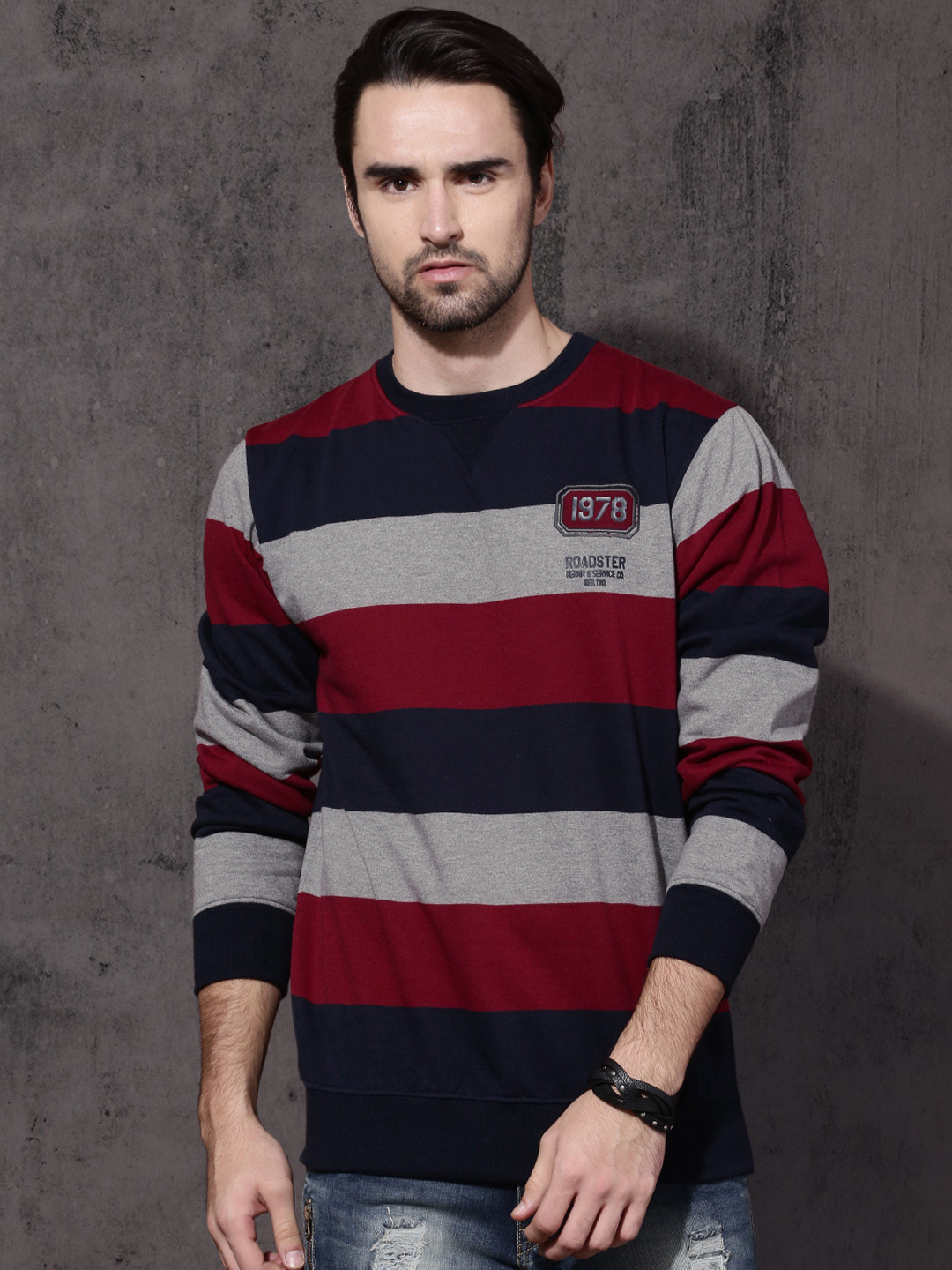 

Roadster Men Grey & Navy Blue Striped Sweatshirt