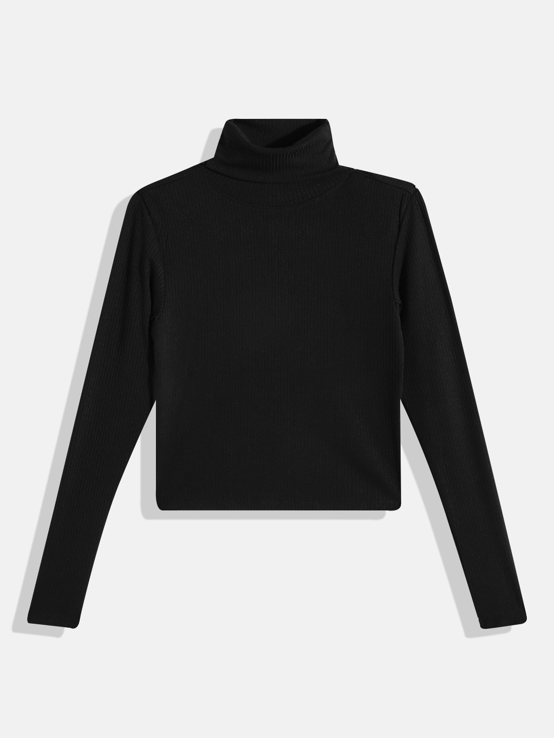 

DressBerry Girls Black Solid Self Striped High Neck Top