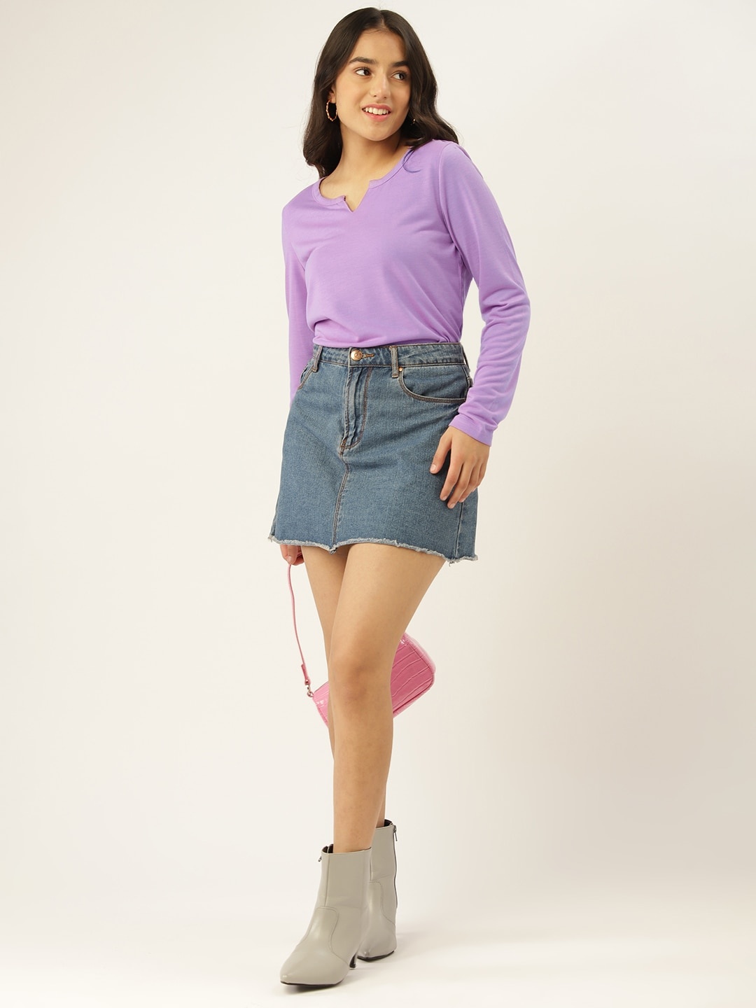 

DressBerry Teen Girls Lavender Solid Round Neck Long Sleeves T-shirt