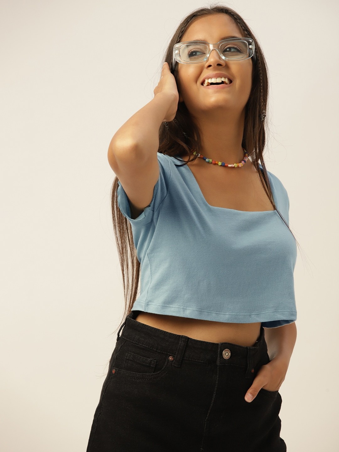 

DressBerry Teen Girls Blue Solid Pure Cotton Top