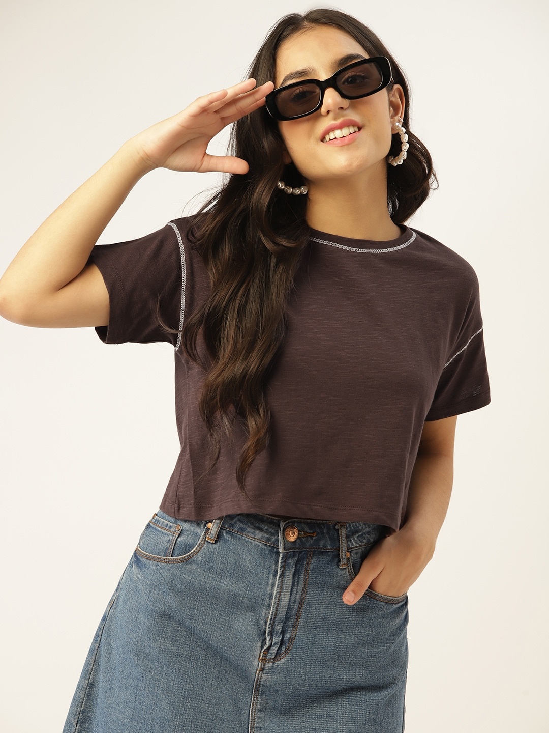 

DressBerry Teen Girls Coffee Brown Solid Cotton Drop-Shoulder Sleeves T-shirt