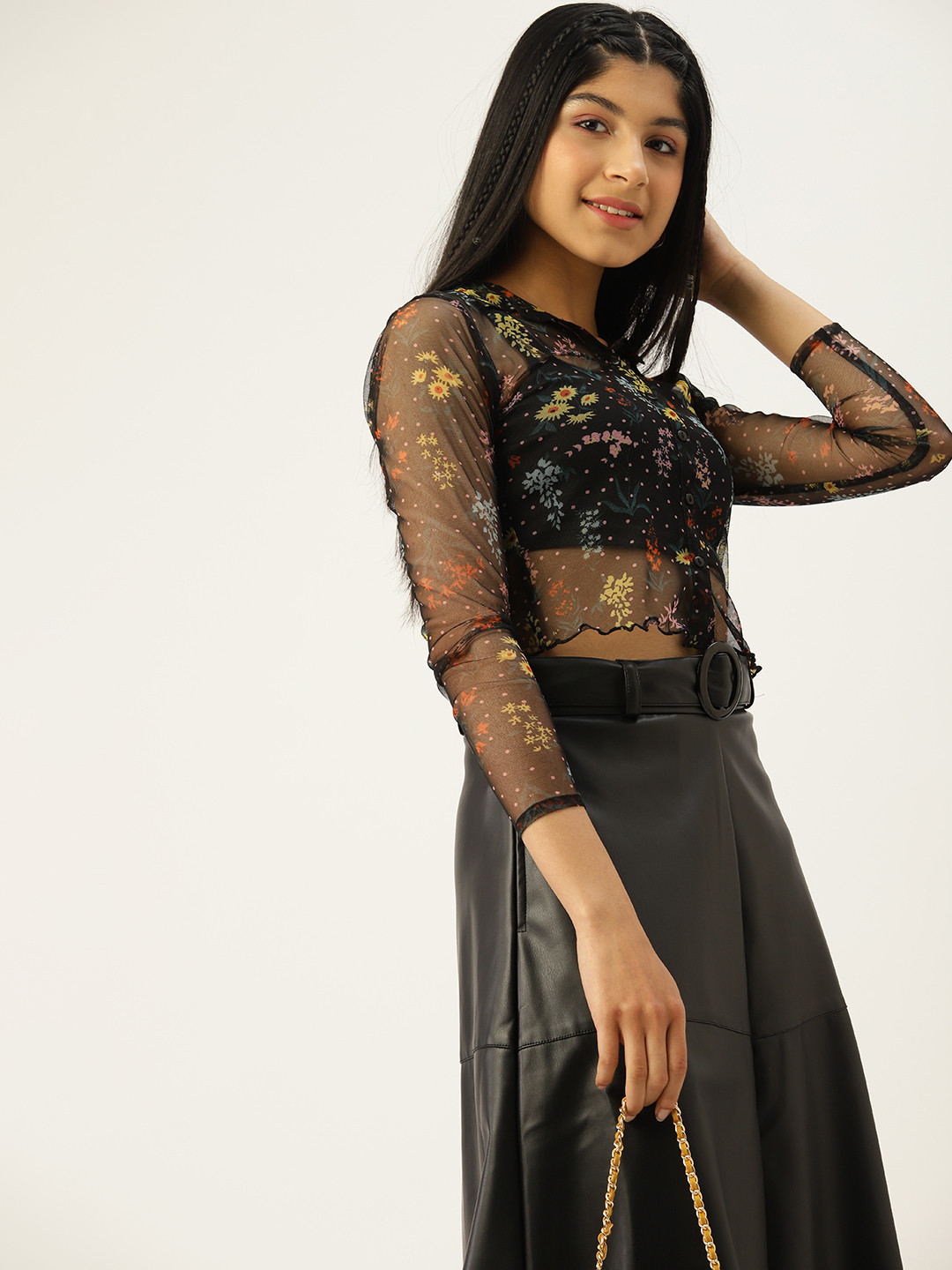 

DressBerry Girls Floral Printed Sheer Shirt, Black